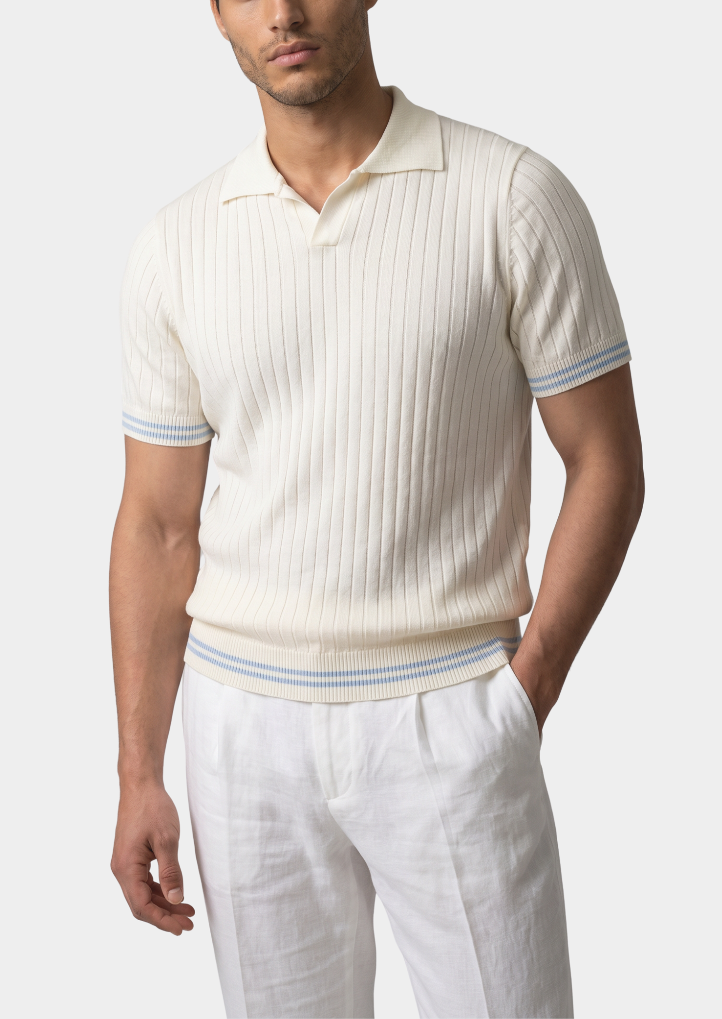 Pierre Ivory Ribbed Buttonless Polo
