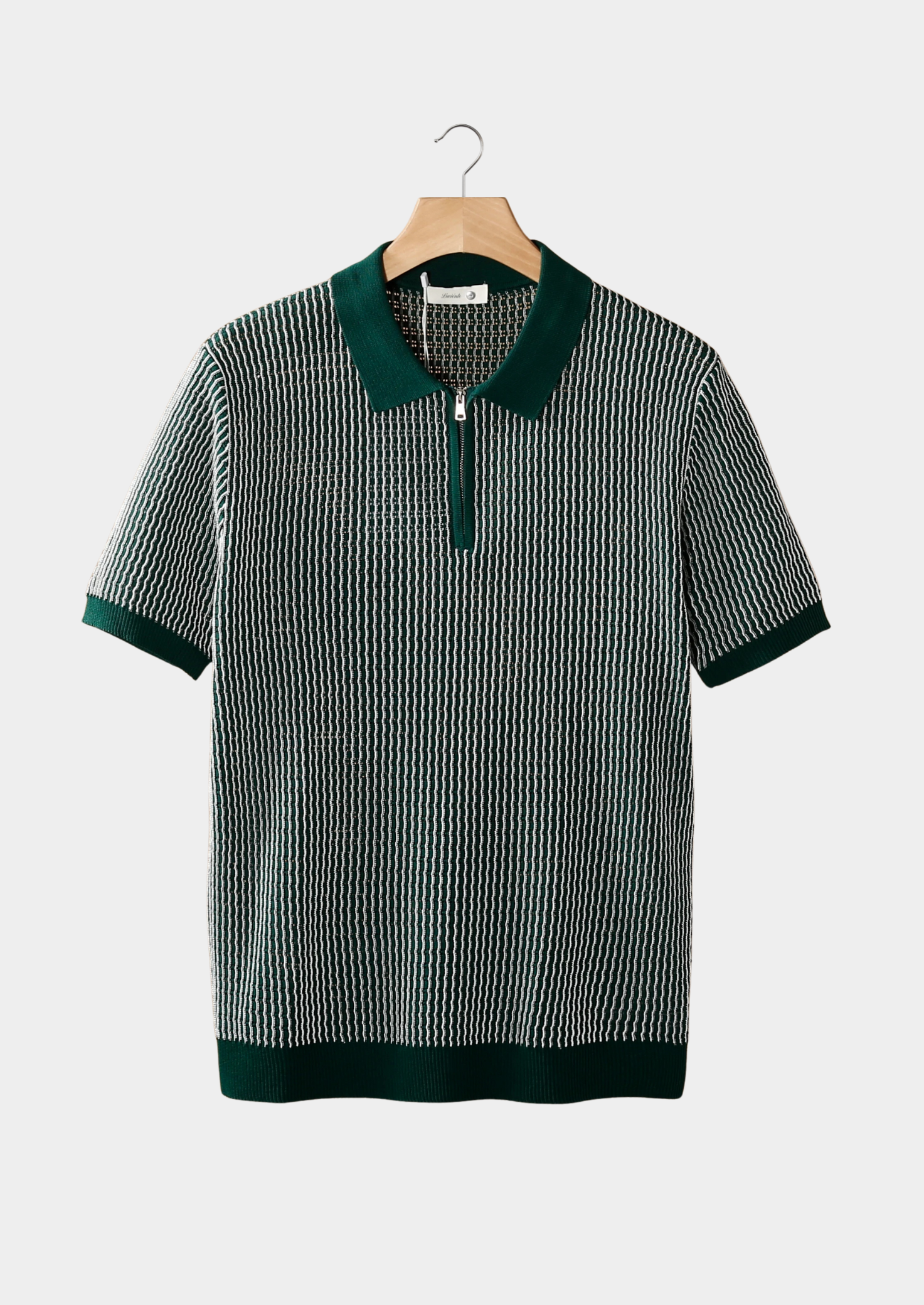 Green Geometric Textured Zipper Polo