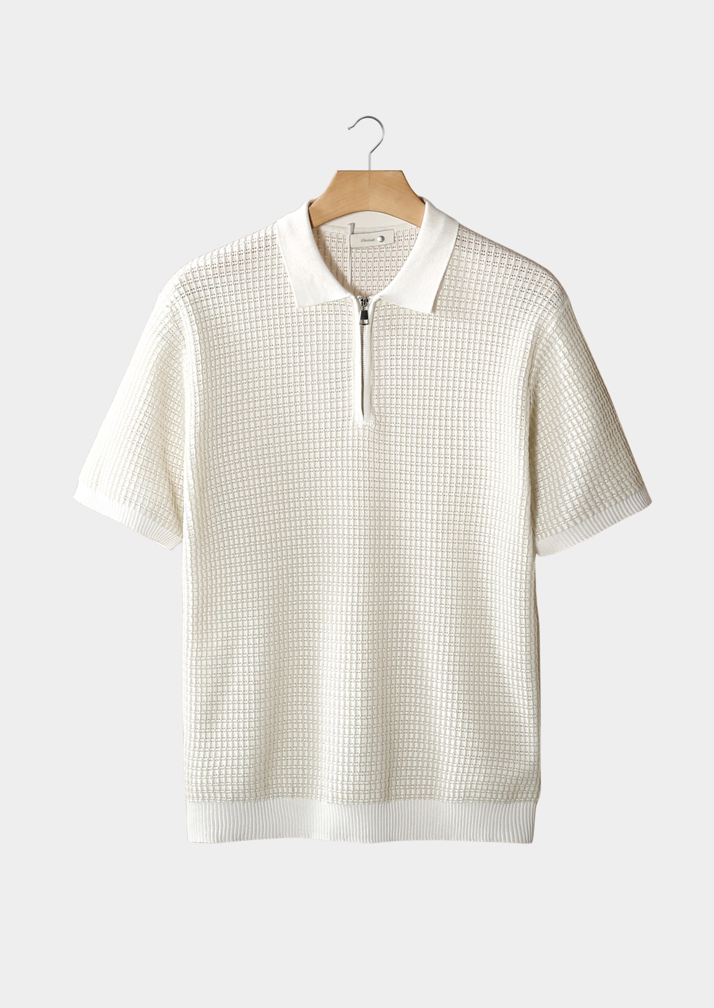 White Geometric Textured Zipper Polo